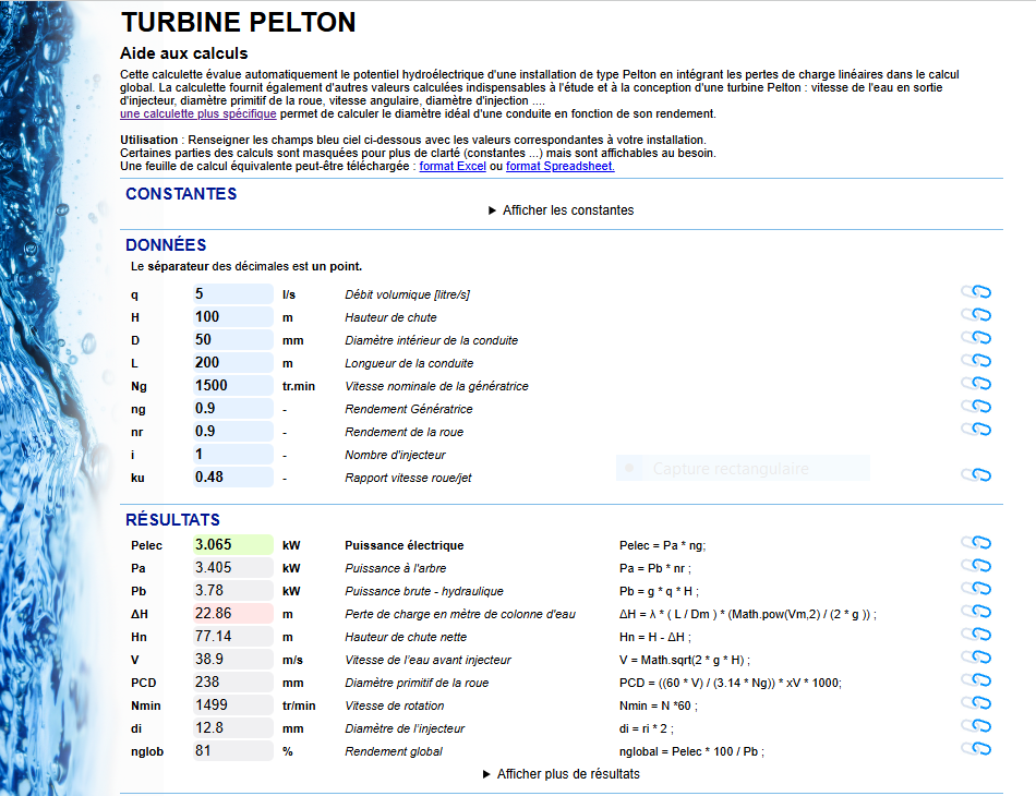 Calculette turbine Pelton — aide aux calculs hydroélectriques